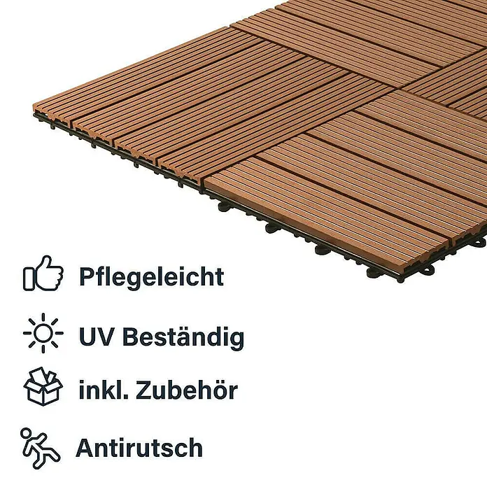 Home Deluxe Terrassenfliese BAVARO 9m² - Hellbraun, Matt - Das Bild zeigt Terrassenfliesen mit brauner Holzoptik und den Symbolen für pflegeleicht, UV-beständig, inkl. Zubehör und Antirutsch.