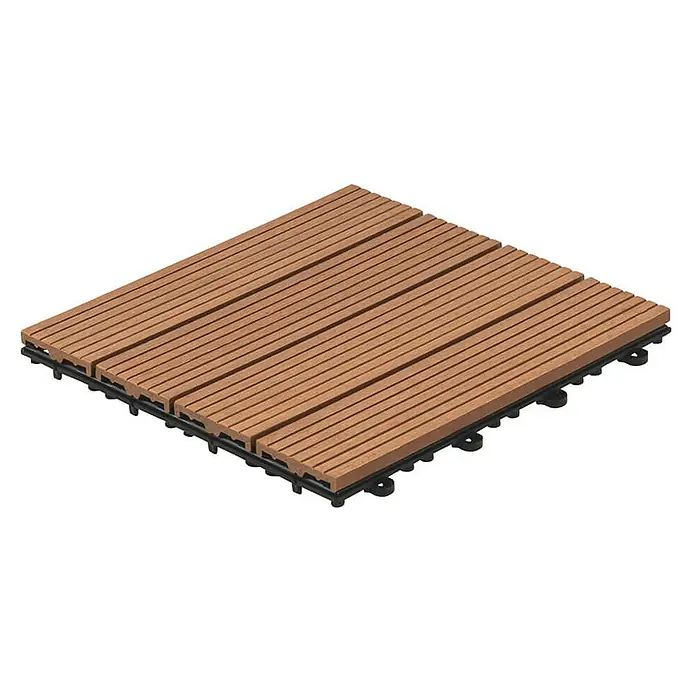 Home Deluxe Terrassenfliese BAVARO 9m² - Hellbraun, Matt - Bild einer quadratischen Terrassenfliese mit Holzlamellenstruktur auf schwarzem Kunststoffgitter für den Außenbereich.