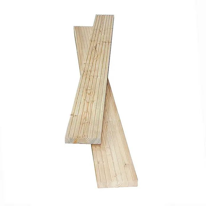 Home Deluxe Terrassenfliese ARIS Lärche 20 m² - Braun, Matt - Abbildung von zwei kreuzweise angeordneten Brettern mit gut sichtbarer Holzmaserung, ideal für rustikale DIY-Projekte.