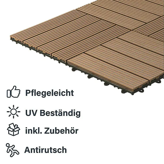 Home Deluxe Terrassenfliese BAVARO 6m² - Teak, Matt - Terrassendielen aus Holzverbundstoff mit den Vorteilen: pflegeleicht, UV beständig, inkl. Zubehör und Antirutsch.