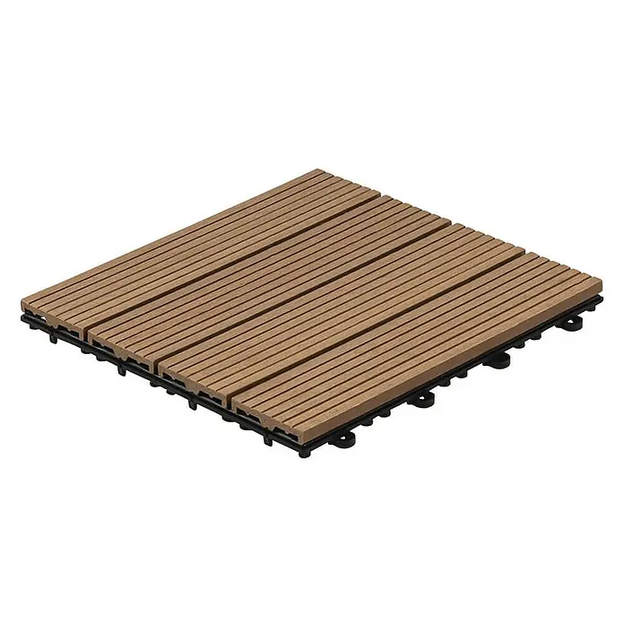 Home Deluxe Terrassenfliese BAVARO 6m² - Teak, Matt - Quadratische, braune Terrassenfliese mit Lattenstruktur und schwarzer Unterkonstruktion für den Außenbereich.