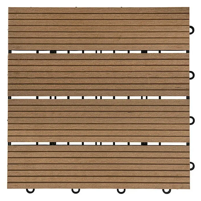 Home Deluxe Terrassenfliese BAVARO 6m² - Teak, Matt - Ein einzelnes quadratisches Terrassenfliesen-Element in Braun mit schwarzen Kunststoffverbindungsstücken für eine einfache Installation.