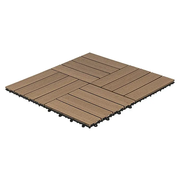 Home Deluxe Terrassenfliese BAVARO 6m² - Teak, Matt - Das Bild zeigt ein quadratisches Set aus Holzfliesen mit einem schwarzen, rasterartigen Unterbau, die sich ideal für Terrassen eignen.