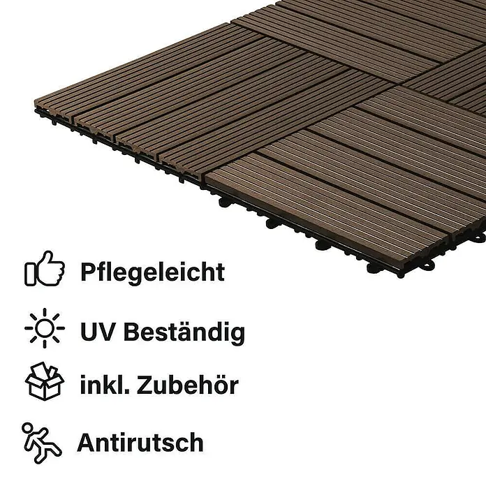 Home Deluxe Terrassenfliese BAVARO 1m² - Dunkelbraun, Matt - Bild von Terrassendielen mit "Pflegeleicht", "UV Beständig", "inkl. Zubehör" und "Antirutsch" Symbolen.