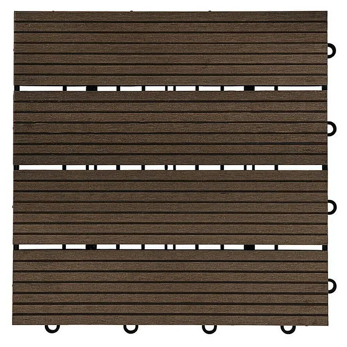 Home Deluxe Terrassenfliese BAVARO 6m² - Dunkelbraun, Matt - Bild einer braunen Terrassendiele aus Holzverbundstoff, die ein quadratisches Muster mit dunklen Fugen bildet.