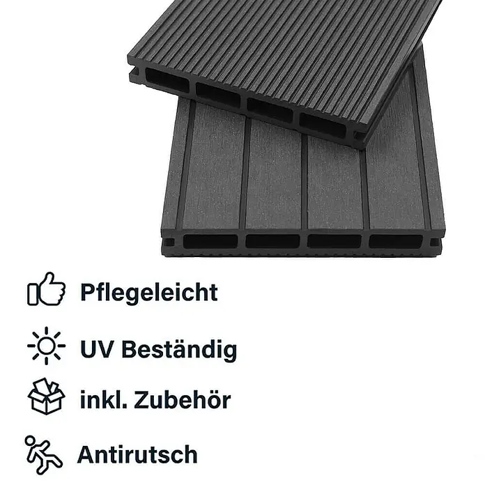Home Deluxe Terrassenfliese SAMANA 40m² - Anthrazit, Matt - Das Bild zeigt zwei Terrassendielen aus WPC (Wood-Plastic-Composite) in Grau, die übereinander gestapelt sind und ihre Rillenstruktur und Hohlkammerbauweise zeigen.