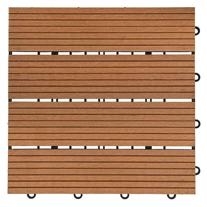 Home Deluxe Terrassenfliese BAVARO 3m² - Hellbraun, Matt - Bild einer einzelnen braunen Terrassendiele aus Holzverbundstoff mit schwarzer Kunststoffbasis für eine einfache Verlegung.