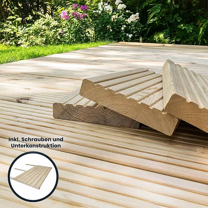 Home Deluxe Terrassenfliese ARIS Lärche 40 m² - Braun, Matt - Holzdielen für den Außenbereich. Das Bild zeigt eine Holzterrasse mit Dielen und Unterkonstruktion, ideal für Garten und Balkon.