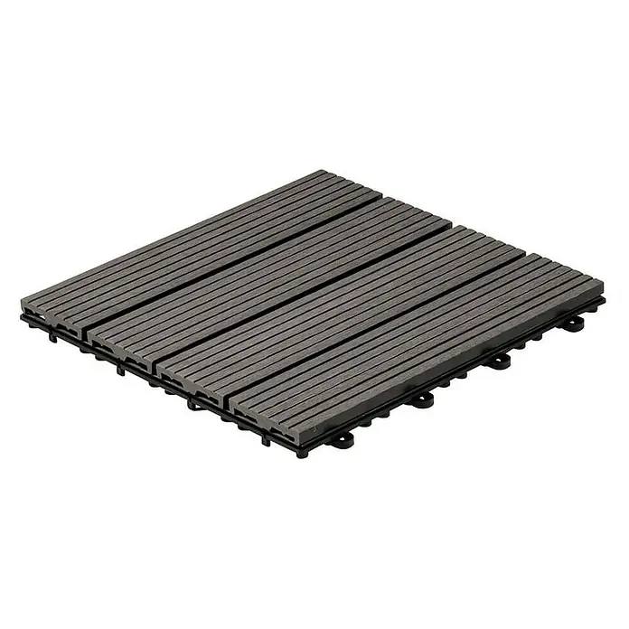 Home Deluxe Terrassenfliese BAVARO 9m² - Anthrazit, Matt - Ein graues Terrassenfliesenmodul mit mehreren Latten und einem schwarzen Kunststoffrahmen. Ideal für den Außenbereich.