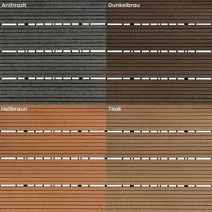Home Deluxe Terrassenfliese BAVARO 9m² - Anthrazit, Matt - Terrassendielen in Anthrazit, Dunkelbraun, Hellbraun und Teak. Die Farbvielfalt bietet individuelle Gestaltungsmöglichkeiten für Ihren Außenbereich.