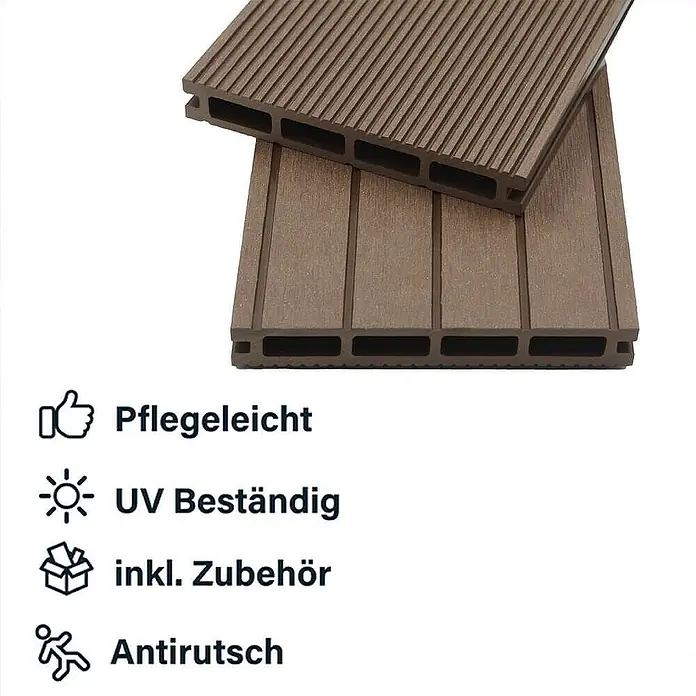 Home Deluxe Terrassenfliese SAMANA 10m² - Dunkelbraun, Matt - Abbildung von zwei braunen WPC-Terrassendielen mit Rillen und Hohlkammern, die pflegeleicht, UV-beständig und rutschfest sind.