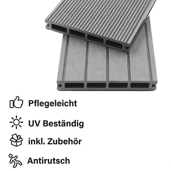 Home Deluxe Terrassenfliese SAMANA 50m² - Hellgrau, Matt - Abbildung von zwei grauen WPC-Terrassendielen mit Rillen- und Holzstruktur. Eigenschaften: pflegeleicht, UV-beständig, inkl. Zubehör und Antirutsch.