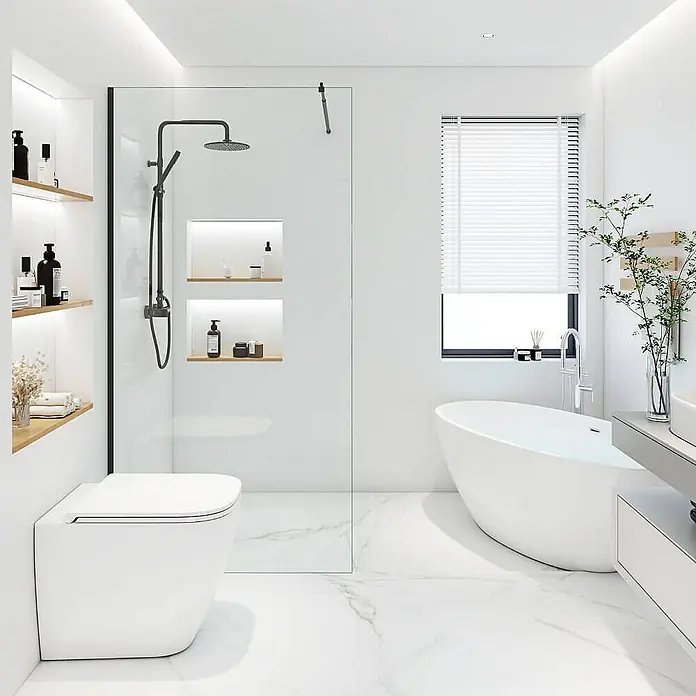 Home Deluxe Duschwand - Schwarz / Klarglas - Elegantes Badezimmerdesign mit freistehender Badewanne, begehbarer Dusche und schwebender Toilette. Das minimalistische Design strahlt Ruhe aus.