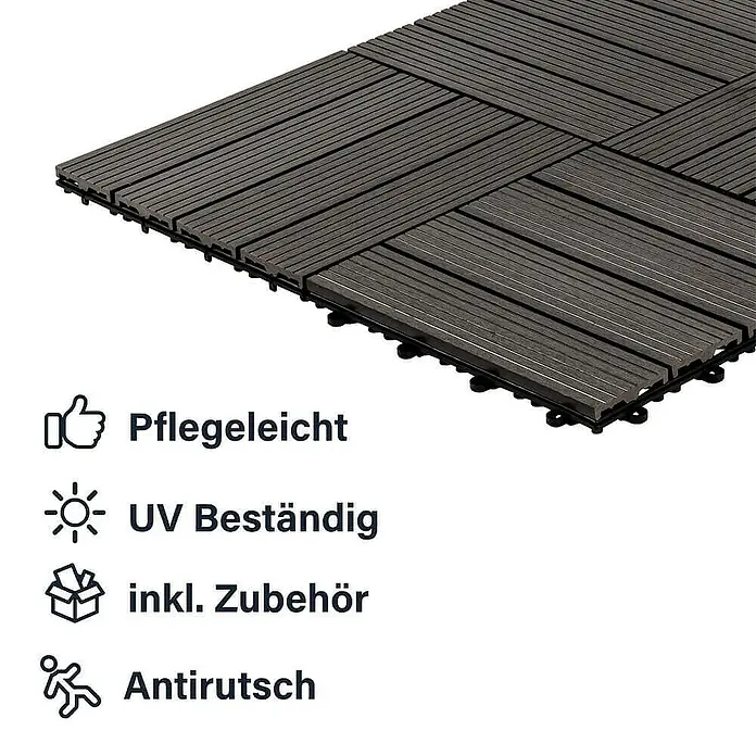 Home Deluxe Terrassenfliese BAVARO 1m² - Anthrazit, Matt - Bild von anthrazitfarbenen Terrassendielen mit Hinweisen auf Pflegeleichtigkeit, UV-Beständigkeit, Zubehör und Rutschfestigkeit.