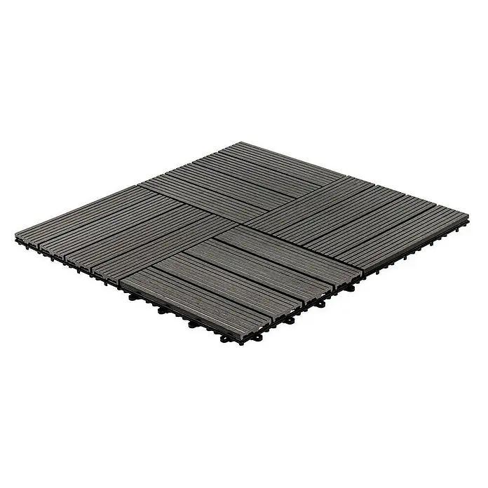 Home Deluxe Terrassenfliese BAVARO 1m² - Anthrazit, Matt - Eine quadratische Terrassenfliese aus grauem Verbundmaterial mit gerillter Oberfläche, die auf einem Kunststoffgitter befestigt ist.