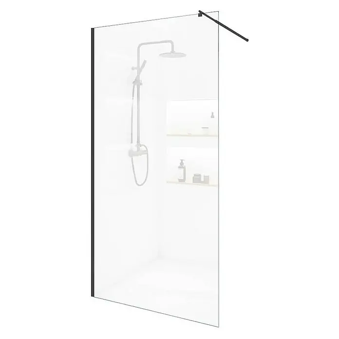 Home Deluxe Duschwand - Schwarz / Klarglas - Das Bild zeigt eine moderne Duschwand mit schwarzen Akzenten, inklusive einer eleganten Duscharmatur und Ablageflächen.