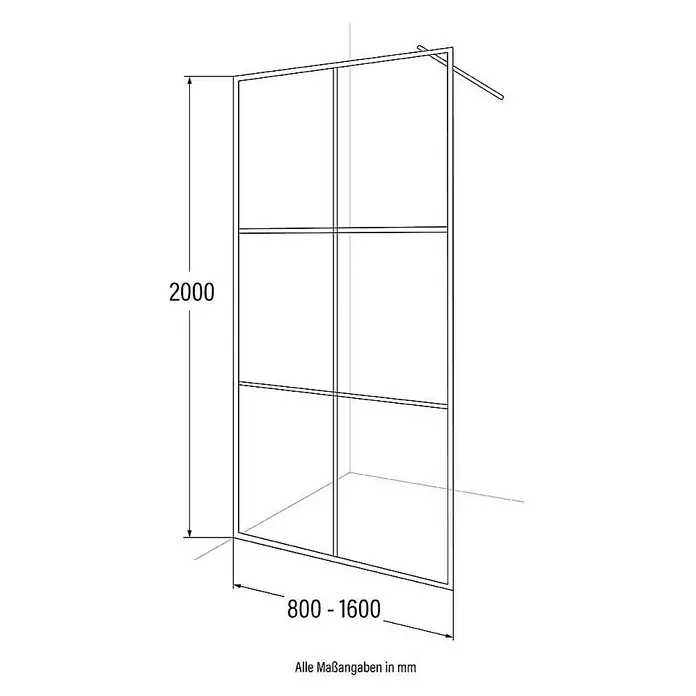 Home Deluxe Duschwand - Schwarz / Klarglas - Schemazeichnung einer Duschwand mit den Maßen 800–1600 mm Breite und 2000 mm Höhe.
