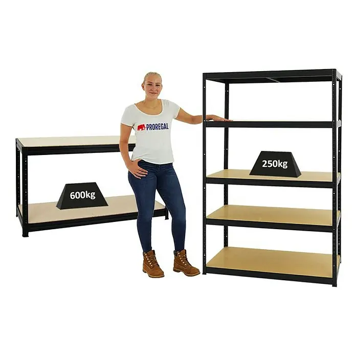 Proregal Schwerlastregal Mega Deal 1x Big Elephant M & 1x Höhenverstellbare Werkbank Big DINO - Traglast pro Boden: 250 kg, Anzahl Böden: 5 Stk., Stecken, Schwarz - Produktbild von Proregal Schwerlastregalen, die Robustheit und hohe Tragfähigkeit demonstrieren.