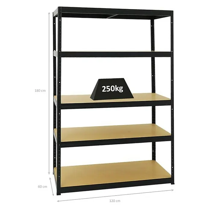 Proregal Schwerlastregal Mega Deal 1x Big Elephant M & 1x Höhenverstellbare Werkbank Big DINO - Traglast pro Boden: 250 kg, Anzahl Böden: 5 Stk., Stecken, Schwarz - Schwarzes Metallregal mit vier Holzregalböden und einer 250kg-Gewichtsangabe auf einem Regal.