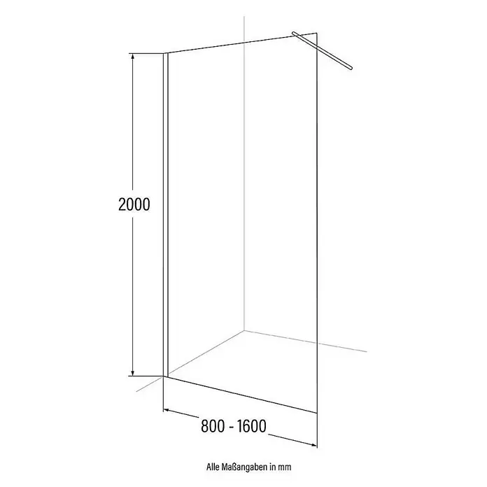 Home Deluxe Duschwand - Schwarz / Klarglas - Abbildung einer Duschkabine mit den Maßen 2000 mm Höhe und 800-1600 mm Breite, dargestellt in einer technischen Zeichnung.