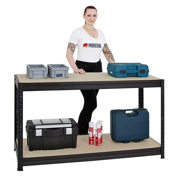Proregal Schwerlastregal Mega Deal 4x Slim Elephant M & 1x Höhenverstellbare Werkbank Big DINO - Traglast pro Boden: 350 kg, Anzahl Böden: 5 Stk., Stecken, Schwarz - Werkbank mit Werkzeugkisten und Regalen. Ideal für Werkstätten und Hobbyräume, bietet viel Stauraum und eine robuste Arbeitsfläche.