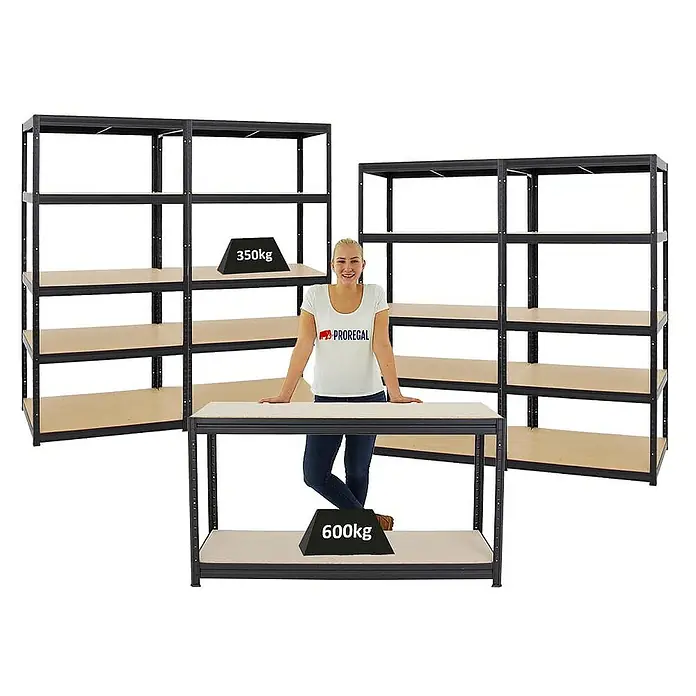 Proregal Schwerlastregal Mega Deal 4x Slim Elephant M & 1x Höhenverstellbare Werkbank Big DINO - Traglast pro Boden: 350 kg, Anzahl Böden: 5 Stk., Stecken, Schwarz - Das Bild zeigt drei PROREGAL Schwerlastregale mit einer maximalen Traglast von 350 kg bzw. 600 kg, ideal für Lagerung.