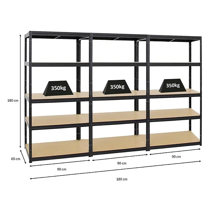 Proregal Schwerlastregal Mega Deal 3x Slim Elephant M & 1x Höhenverstellbare Werkbank Slim DINO - Traglast pro Boden: 350 kg, Anzahl Böden: 5 Stk., Stecken, Schwarz - Abbildung eines schwarzen Metallregals mit Holzböden, beladen mit drei Gewichten von je 350 kg, Maße sind angegeben.