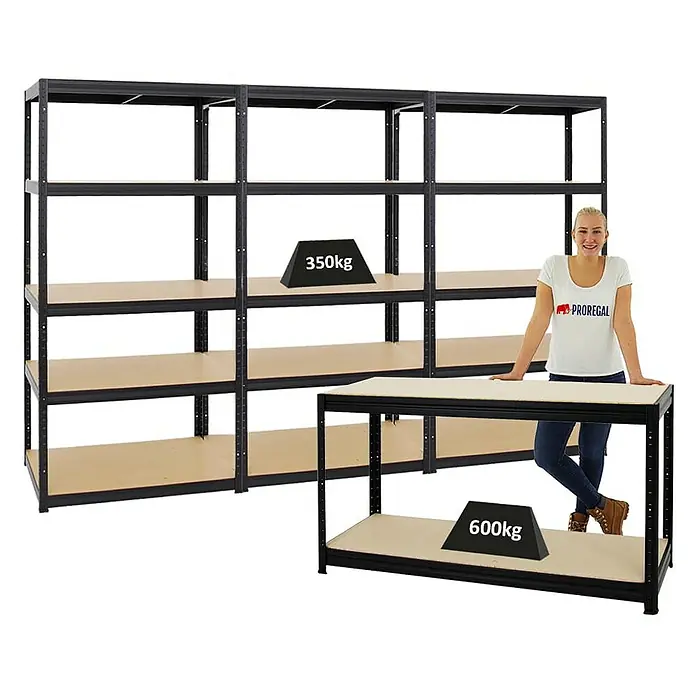 Proregal Schwerlastregal Mega Deal 3x Slim Elephant M & 1x Höhenverstellbare Werkbank Big DINO - Traglast pro Boden: 350 kg, Anzahl Böden: 5 Stk., Stecken, Schwarz - Schwarze Regale mit Gewichtsdarstellung, präsentiert von einer Frau. Die Regale sind robust und bieten viel Stauraum.
