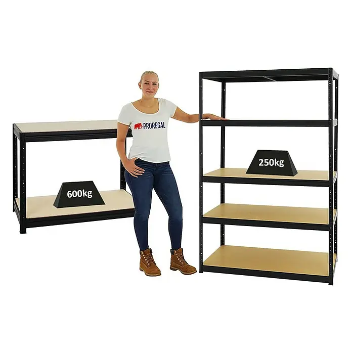 Proregal Schwerlastregal Mega Deal 4x Big Elephant M & 1x Höhenverstellbare Werkbank Slim DINO - Traglast pro Boden: 250 kg, Anzahl Böden: 5 Stk., Stecken, Schwarz - Produktbild eines schwarzen Metallregals mit Holzregalböden, das 250 kg tragen kann, und eines kleineren Regals, das 600 kg tragen kann.