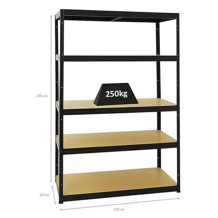 Proregal Schwerlastregal Mega Deal 4x Big Elephant M & 1x Höhenverstellbare Werkbank Slim DINO - Traglast pro Boden: 250 kg, Anzahl Böden: 5 Stk., Stecken, Schwarz - Ein schwarzes Schwerlastregal mit vier Regalböden, das mit 250 kg belastbar ist, ideal für Werkstatt oder Lager.