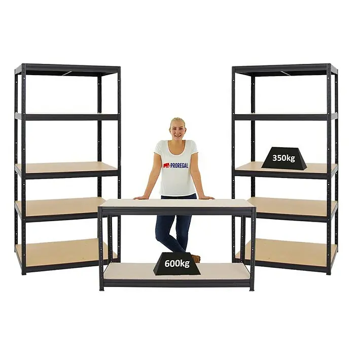 Proregal Schwerlastregal Mega Deal 2x Slim Elephant M & 1x Höhenverstellbare Werkbank Big DINO - Traglast pro Boden: 350 kg, Anzahl Böden: 5 Stk., Stecken, Schwarz - Das Bild zeigt eine Regalstruktur mit einer Tragfähigkeit von 350 kg und 600 kg, ideal für Lagerung und Organisation in verschiedenen Umgebungen.