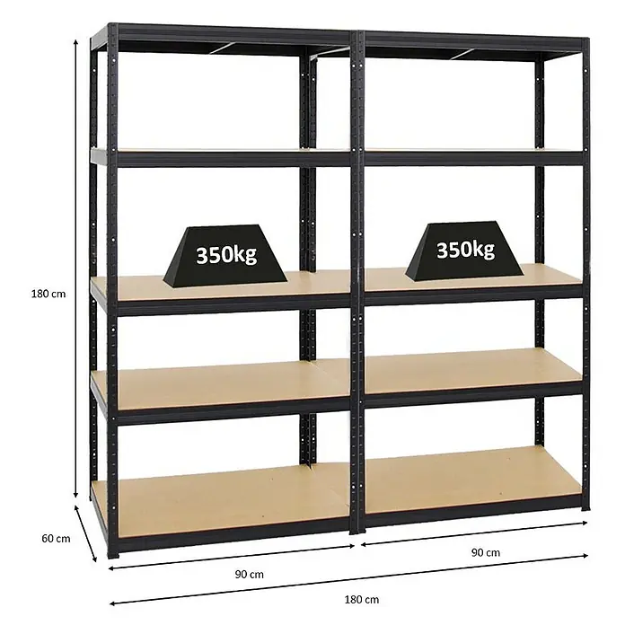 Proregal Schwerlastregal Mega Deal 2x Slim Elephant M & 1x Höhenverstellbare Werkbank Big DINO - Traglast pro Boden: 350 kg, Anzahl Böden: 5 Stk., Stecken, Schwarz - Produktfoto: Zwei Regale mit jeweils vier Böden, mit Gewichtsangaben und Abmessungen versehen.