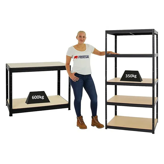 Proregal Schwerlastregal Mega Deal 1x Slim Elephant M & 1x Höhenverstellbare Werkbank Slim DINO - Traglast pro Boden: 350 kg, Anzahl Böden: 5 Stk., Stecken, Schwarz - Produktbild eines Regalsystems mit zwei Elementen, einer Frau und Gewichtsangaben für die Belastbarkeit.