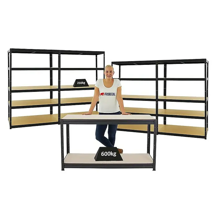 Proregal Schwerlastregal Mega Deal 4x Big Elephant M & 1x Höhenverstellbare Werkbank Big DINO - Traglast pro Boden: 250 kg, Anzahl Böden: 5 Stk., Stecken, Schwarz - Produktbild mit Metallregalen mit Holzregalböden, die eine hohe Traglast von bis zu 600 kg pro Ebene bieten.