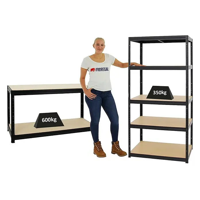 Proregal Schwerlastregal Mega Deal 1x Slim Elephant M & 1x Höhenverstellbare Werkbank Big DINO - Traglast pro Boden: 350 kg, Anzahl Böden: 5 Stk., Stecken, Schwarz - Proregal Schwerlastregale und Werkbank mit hoher Traglast für Lager und Werkstatt.