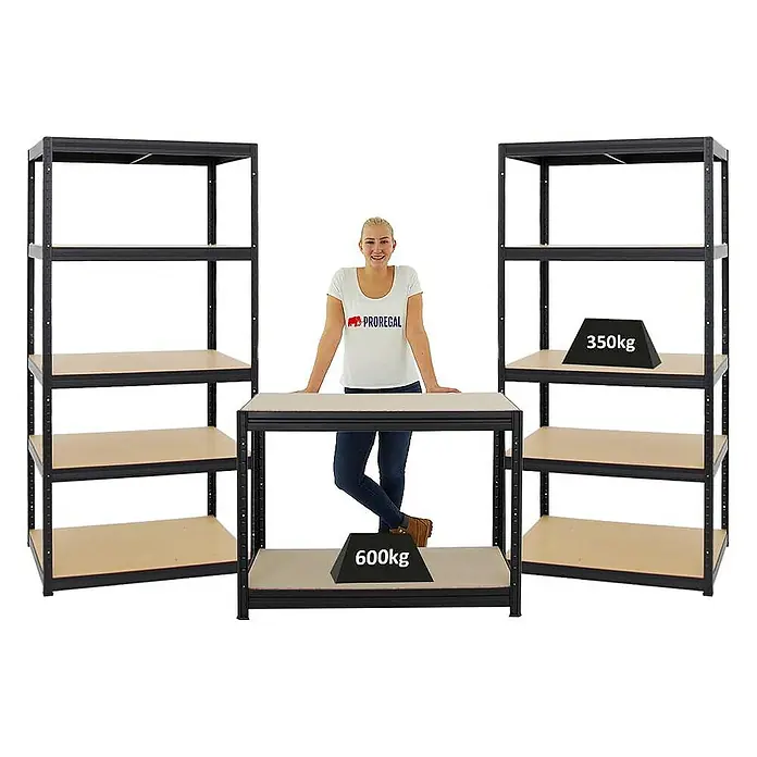 Proregal Schwerlastregal Mega Deal 2x Slim Elephant M & 1x Höhenverstellbare Werkbank Slim DINO - Traglast pro Boden: 350 kg, Anzahl Böden: 5 Stk., Stecken, Schwarz - Proregal Schwerlastregal mit großer Belastbarkeit, ideal für Werkstatt und Lager. Die Regale sind stabil und bieten viel Stauraum.