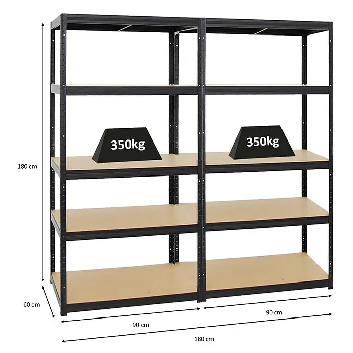 Proregal Schwerlastregal Mega Deal 2x Slim Elephant M & 1x Höhenverstellbare Werkbank Slim DINO - Traglast pro Boden: 350 kg, Anzahl Böden: 5 Stk., Stecken, Schwarz - Bild eines Lagerregals mit vier Ebenen und den Maßen 180x60x90cm mit Belastung von 350kg pro Ebene.