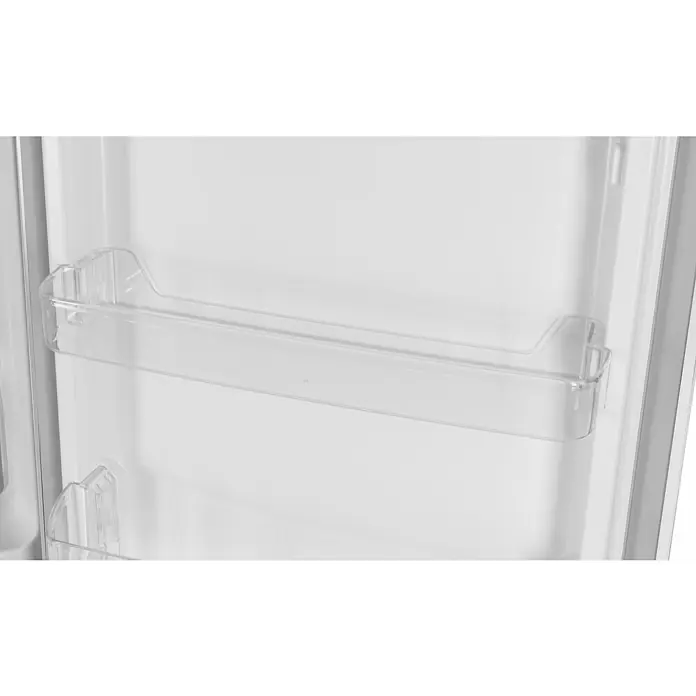Respekta Kühl-Gefrierkombination Savo - 49,5 x 47,4 x 144 cm, Weiß, Nutzinhalt Gesamt: 157 l - Nahaufnahme eines transparenten Kühlschrankregals, das Design und Funktionalität vereint.\n