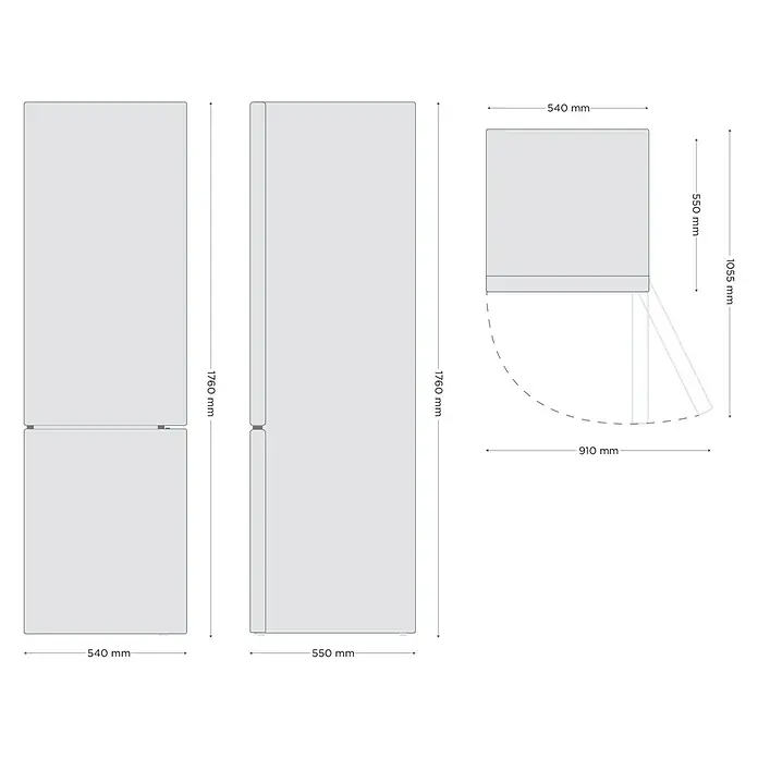 Respekta Kühl-Gefrierkombination Gotland - 55 x 54 x 176 cm, Black Steel, Nutzinhalt Gesamt: 262 l - Abbildung eines Kühlschranks mit detaillierten Maßangaben, einschließlich Höhe, Breite und Tiefe, sowie Türöffnungswinkel.