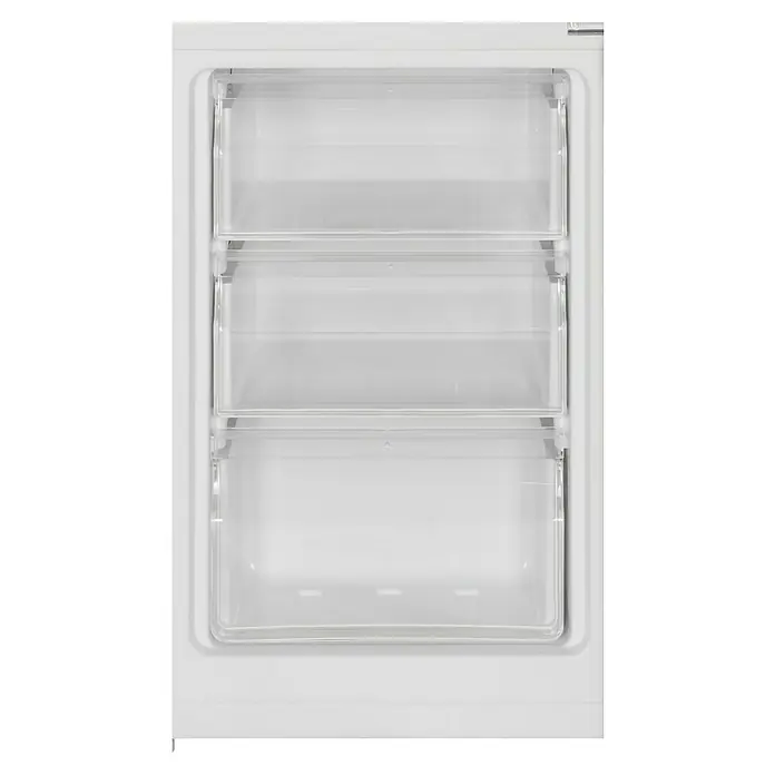 Respekta Kühl-Gefrierkombination Savo - 49,5 x 47,4 x 144 cm, Weiß, Nutzinhalt Gesamt: 157 l - Nahaufnahme eines weißen Gefrierschranks mit drei transparenten Schubladen, die eine klare Sicht auf den Inhalt ermöglichen.