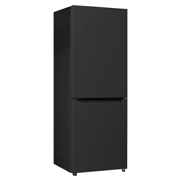 Respekta Kühl-Gefrierkombination Savo - 49,5 x 47,4 x 144 cm, Black Steel, Nutzinhalt Gesamt: 157 l - Eine Nahaufnahme eines schwarzen Kühl-/Gefrierschranks mit zwei Türen. Das elegante Design und die moderne Optik machen ihn zu einem Blickfang.