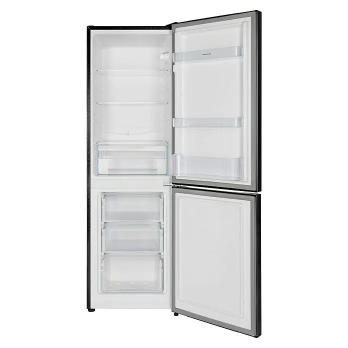 Respekta Kühl-Gefrierkombination Savo - 49,5 x 47,4 x 144 cm, Schwarz, Nutzinhalt Gesamt: 157 l - Abbildung eines geöffneten Kühlschranks mit Gefrierfach. Das Innere ist weiß und leer, mit klaren Fächern und Regalen.