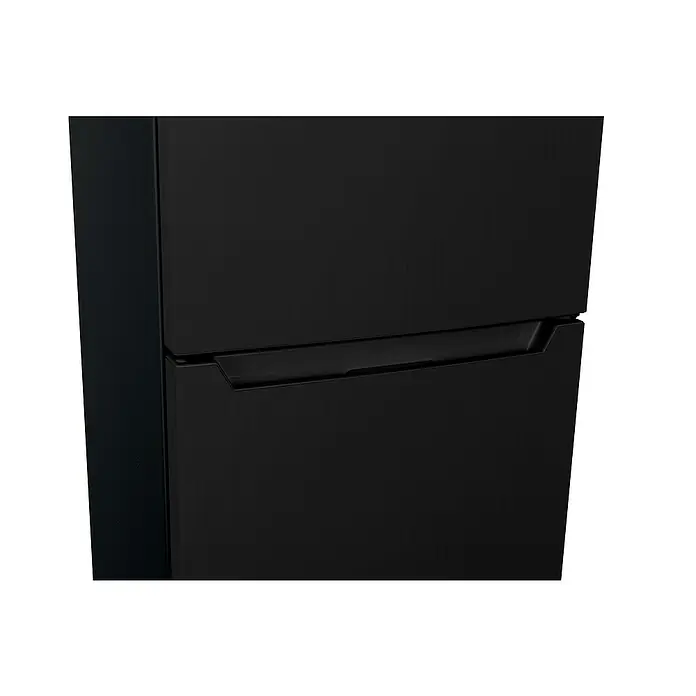 Respekta Kühl-Gefrierkombination Savo - 49,5 x 47,4 x 144 cm, Black Steel, Nutzinhalt Gesamt: 157 l - Nahaufnahme eines schwarzen Kühlschranks, der ein elegantes, modernes Design mit klaren Linien und einer matten Oberfläche zeigt.