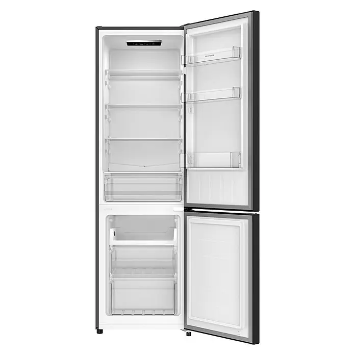 Respekta Kühl-Gefrierkombination Gotland - 55 x 54 x 176 cm, Black Steel, Nutzinhalt Gesamt: 262 l - Offener grauer Kühlschrank mit mehreren Regalen und Fächern. Ein Gerät für die moderne Küche zur optimalen Lagerung von Lebensmitteln.