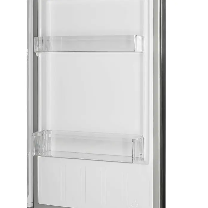 Respekta Kühl-Gefrierkombination Gotland - 55 x 54 x 176 cm, Black Steel, Nutzinhalt Gesamt: 262 l - Innenraum eines Kühlschranks mit transparenten Regalen, die das Verstauen von Lebensmitteln erleichtern.