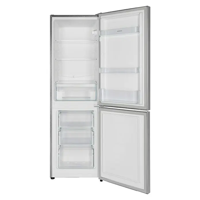 Respekta Kühl-Gefrierkombination Savo - 49,5 x 47,4 x 144 cm, Silber, Nutzinhalt Gesamt: 157 l - Offener Kühlschrank mit Gefrierfach unten und verschiedenen Regalen und Schubladen zur Aufbewahrung von Lebensmitteln.