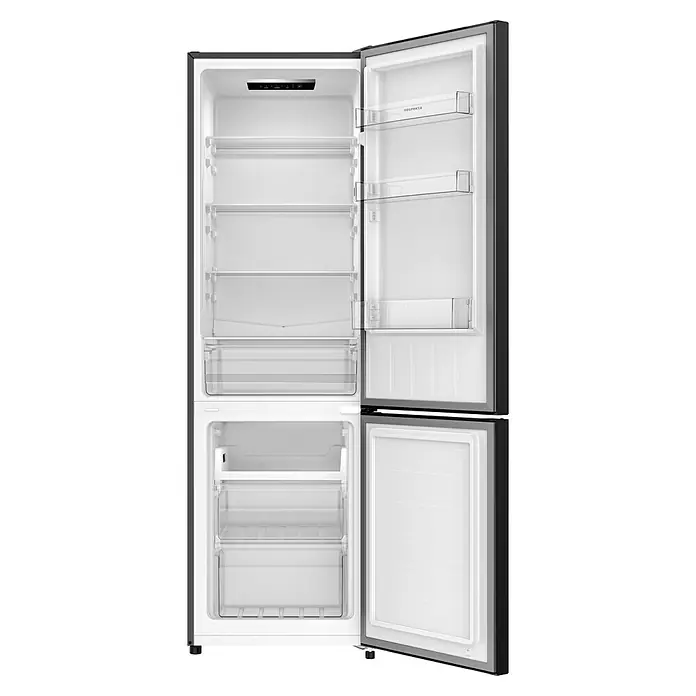 Respekta Kühl-Gefrierkombination Gotland - 55 x 54 x 176 cm, Schwarz, Nutzinhalt Gesamt: 262 l - Innenansicht eines Kühlschranks mit geöffneten Türen, der seine Regale und Fächer zeigt.