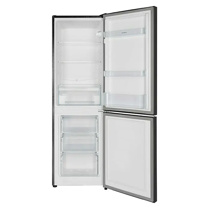 Respekta Kühl-Gefrierkombination Savo - 49,5 x 47,4 x 144 cm, Black Steel, Nutzinhalt Gesamt: 157 l - Offener Kühlschrank mit Gefrierfach. Das Innere des Kühlschranks ist mit Regalen und durchsichtigen Schubladen ausgestattet.