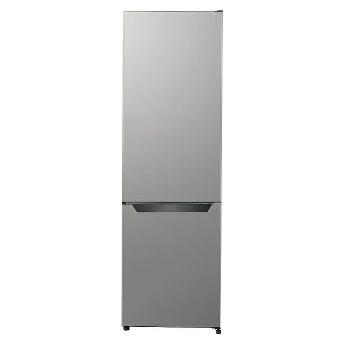 Respekta Kühl-Gefrierkombination Gotland - 55 x 54 x 176 cm, Inox Look, Nutzinhalt Gesamt: 262 l - Frontansicht eines modernen, silberfarbenen Kühlschranks mit zwei Türen, der Funktionalität und stilvolles Design vereint.