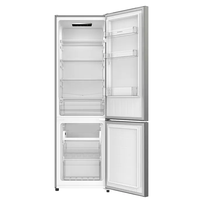 Respekta Kühl-Gefrierkombination Gotland - 55 x 54 x 176 cm, Inox Look, Nutzinhalt Gesamt: 262 l - Innenansicht eines geöffneten Kühlschranks mit Regalen, Schubladen und Fächern in der Tür, die für eine organisierte Aufbewahrung von Lebensmitteln sorgen.